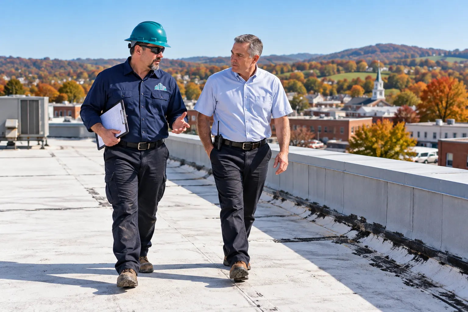 Roofer walking a low-slope commercial roof during an inspection