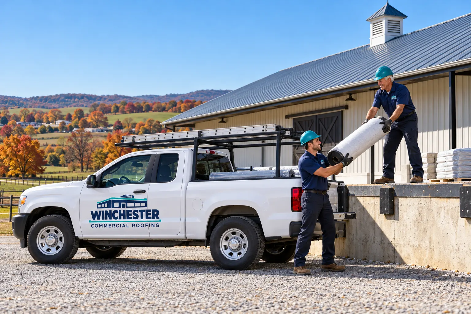 Roofing work truck parked beside a commercial building