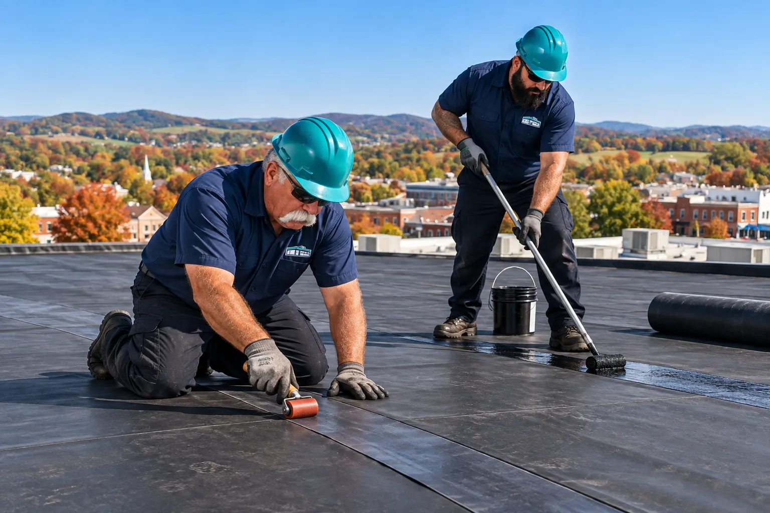 Crew working on a black EPDM rubber roof